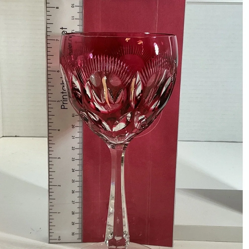 Vintage Cranberry Cut to Clear Crystal Wine Goblet Ruby Red Faceted Stem 7.75
